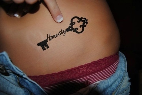 Black Honesty Key Tattoo On Women Hip