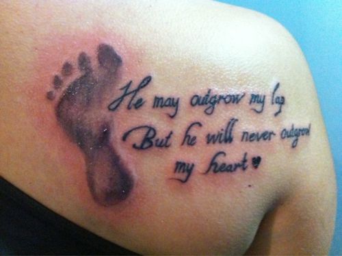 Black Ink Baby Footprint Quote Tattoo On Right Back Shoulder
