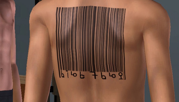 Black Ink Barcode Tattoo On Man Upper Back