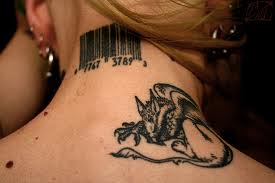 Black Ink Barcode With Dragon Tattoo On Back Neck