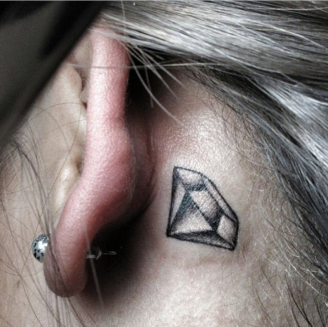 Black Ink Diamond Tattoo On Behind The Ear