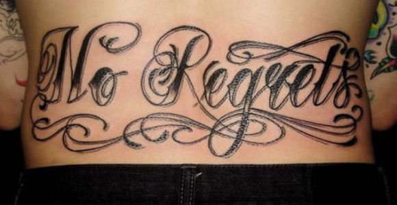Black Ink No Regrets Lettering Tattoo Design For Back