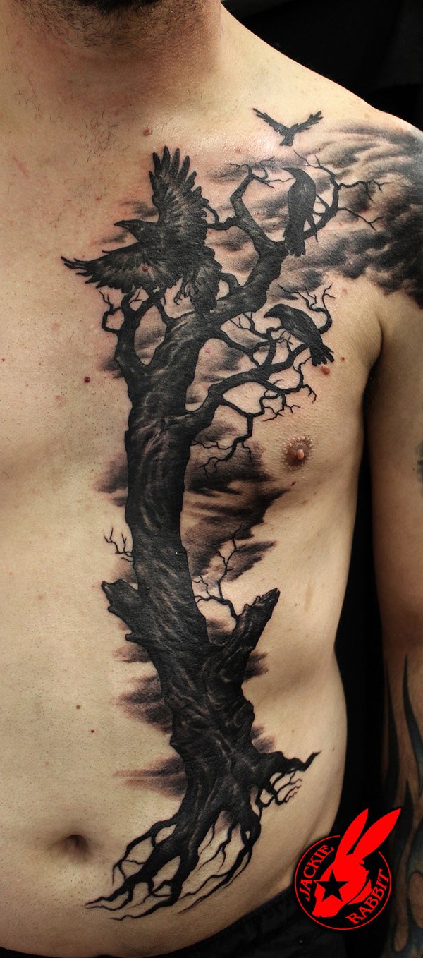 Black Ink Ravens On Tree Without Leaves Tattoo On Man Full Body