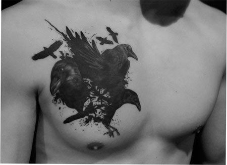 Black Ink Ravens Tattoo On Man Right Chest