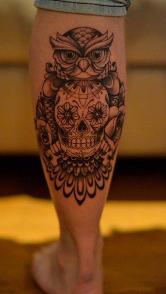 Black Ink Sugar Skull With Owl Tattoo On Leg Calf