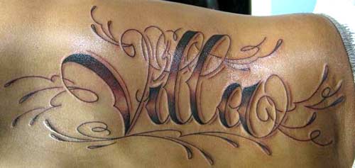Black Ink Unique Villa Lettering Tattoo Design