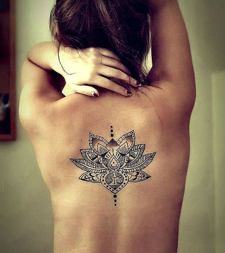 Black Mandala Lotus Tattoo On Women Upper Back