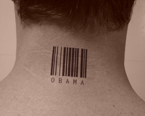 Black Obama Barcode Tattoo On Man Back Neck