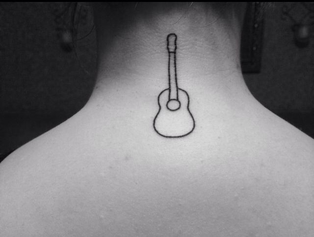 Black Outline Guitar Tattoo On Back Neck