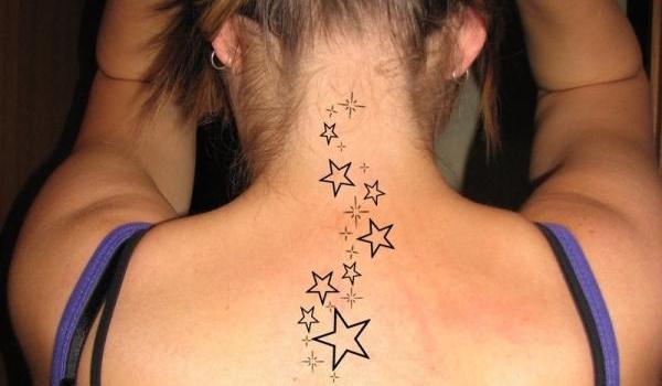 Black Outline Stars Tattoo On Women Back Neck