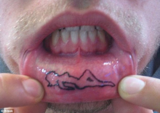 Black Outline Women Tattoo On Man Inner Lip