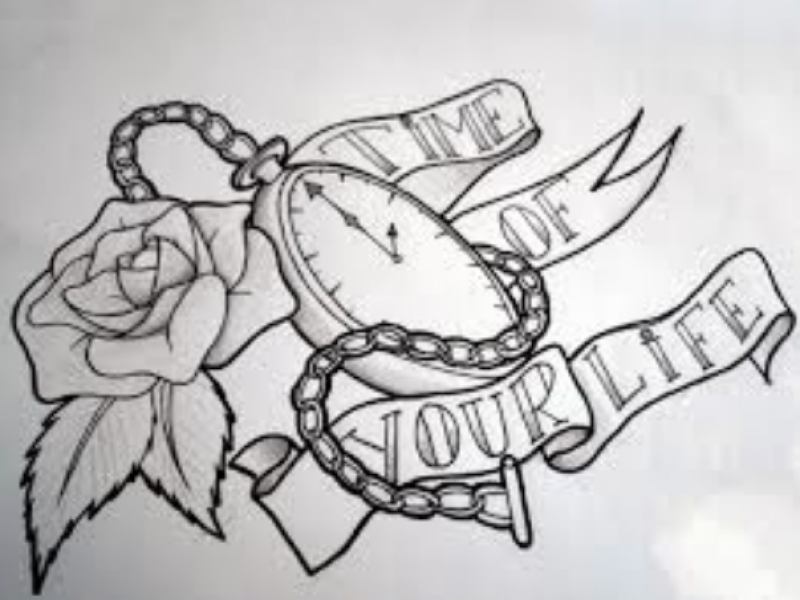 Black Pocket Watch With Rose And Banner Tattoo Stencil