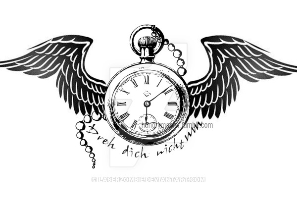 Black Pocket Watch With Wings Tattoo Stencil By LaserZombie