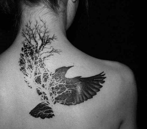 Black Raven With Tree Without Leaves Tattoo On Upper Back