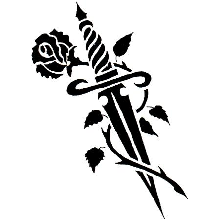Black Tribal Dagger With Rose Tattoo Stencil