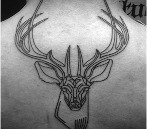 Black Tribal Deer Head Tattoo On Man Upper Back