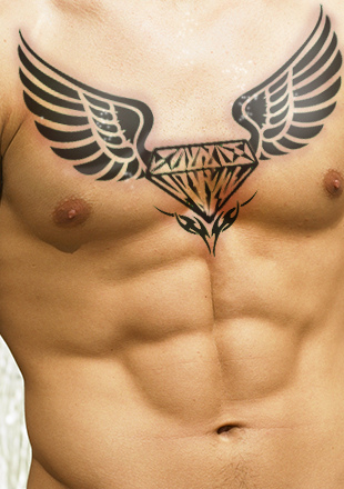 Black Tribal Diamond With Flying Wings Tattoo On Man Chest