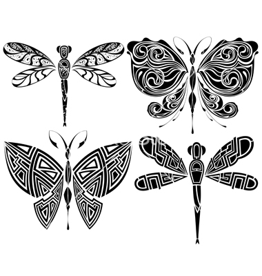 Black Tribal Dragonfly And Butterflies Tattoo Stencil