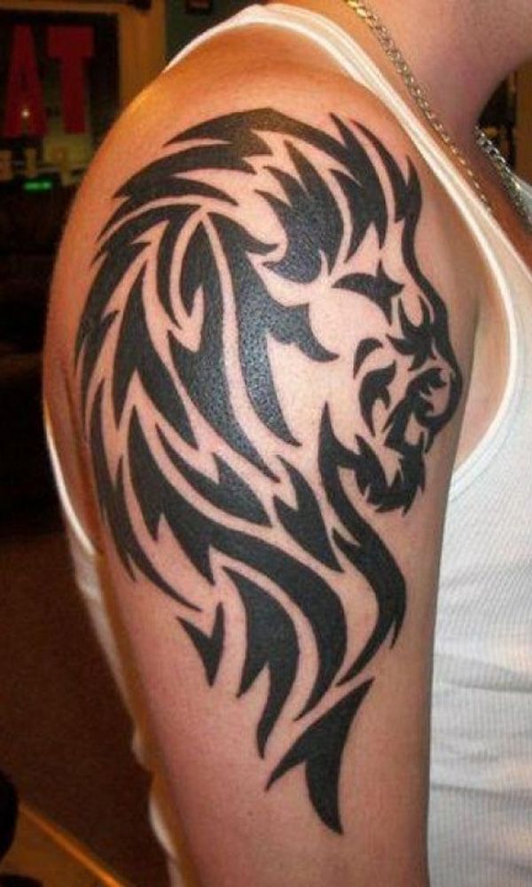 Black Tribal Lion Face Tattoo On Man Right Shoulder