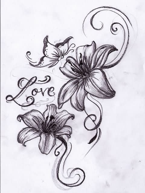 Black Two Lily Flowers With Butterfly Tattoo Design