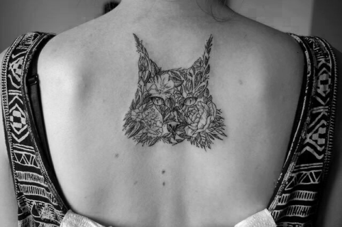 Black Unique Lynx Head Tattoo On Girl Upper Back