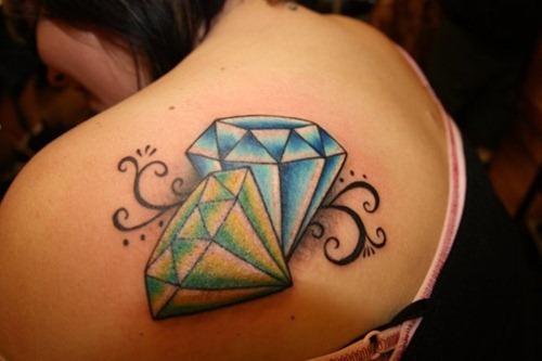 Blue And Green Two Diamonds Tattoo On Girl Left Back Shoulder