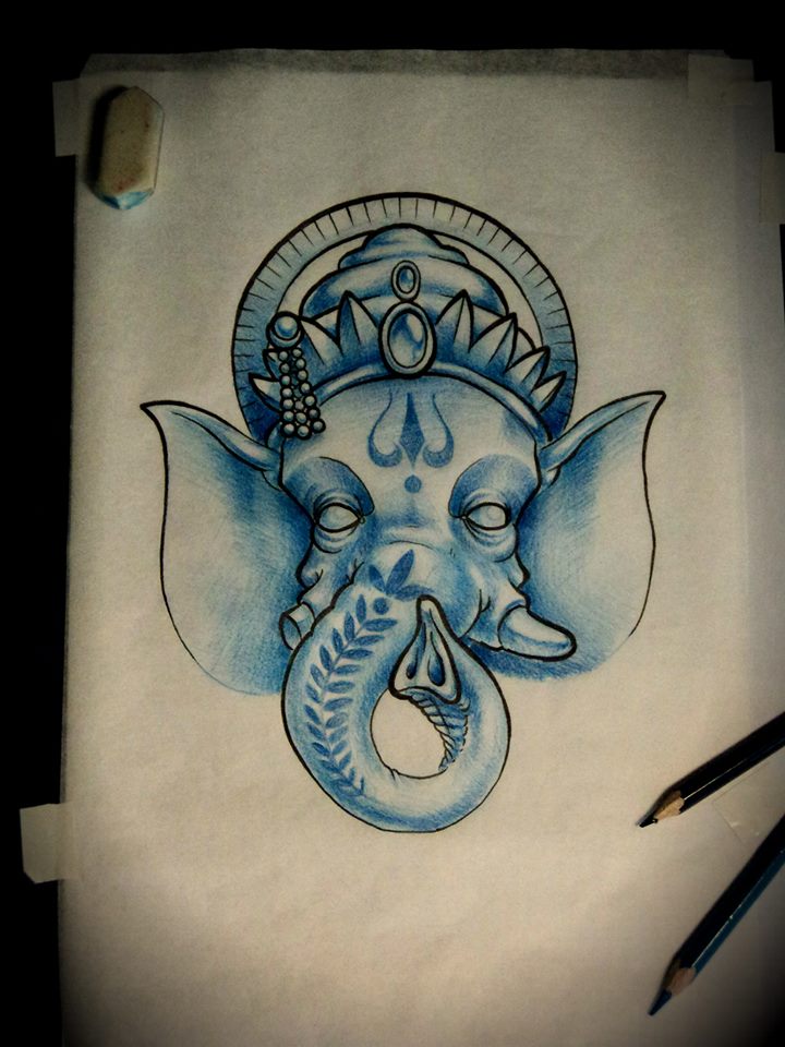 Blue Ganesha Head Tattoo Design By Artur Nakolet