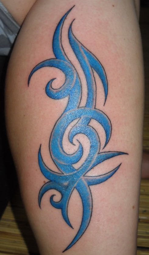 Blue Ink Tribal Design Tattoo On Leg Calf