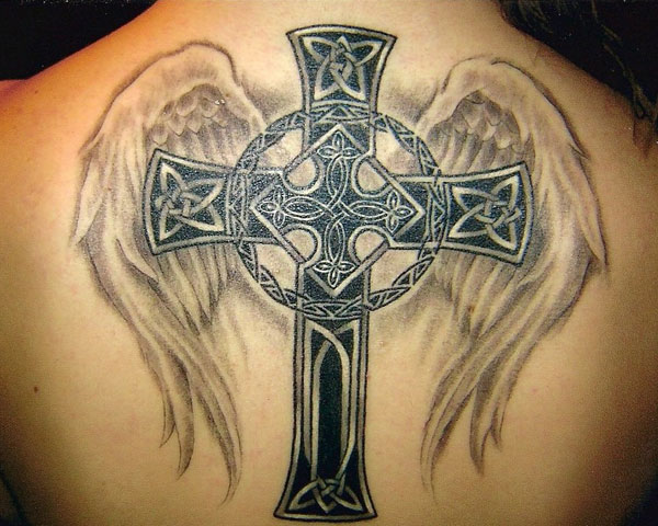 Celtic Cross With Flying Wings Tattoo Design For Men Upper Back