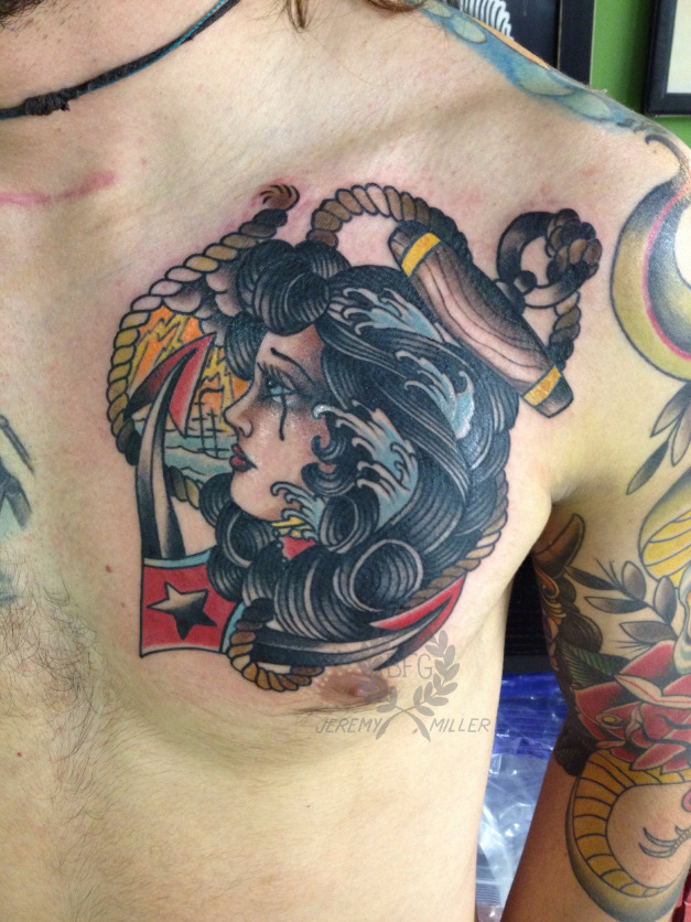 Colorful Anchor With Gypsy Face Tattoo On Man Chest