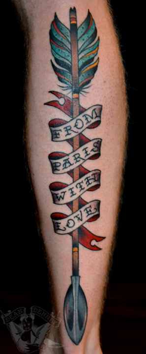 Colorful Arrow With Banner Tattoo On Leg Calf
