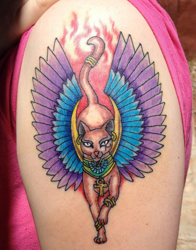 Colorful Bastet With Wings Tattoo On Shoulder By Sharon