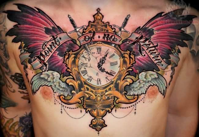 Colorful Clock With Wings And Banner Tattoo On Man Chest By Kid Kros