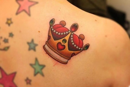 Colorful Crown With Stars Tattoo On Right Back Shoulder