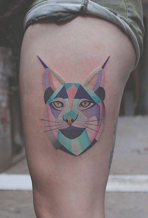 Colorful Geometric Lynx Head Tattoo On Side Thigh