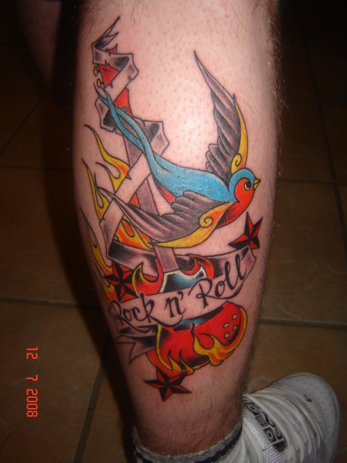 Colorful Guitar With Flying Bird And Banner Tattoo On Leg Calf