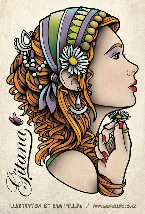 Colorful Gypsy Head Tattoo Design By Sam Phillips