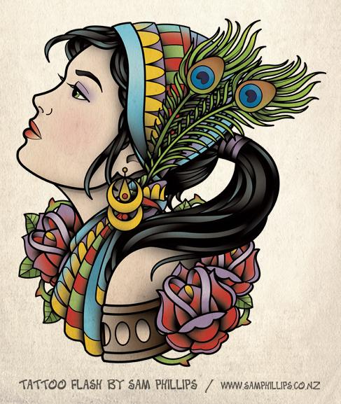 Colorful Gypsy Head With Red Roses Tattoo Design By Sam Phillips