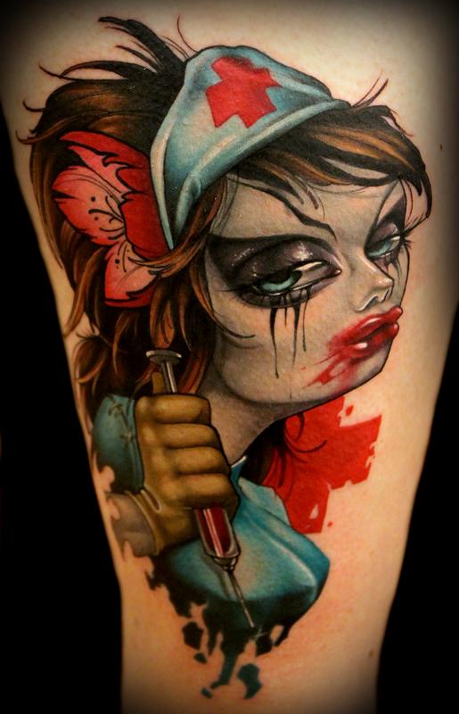 Colorful Horror Nurse Tattoo Design