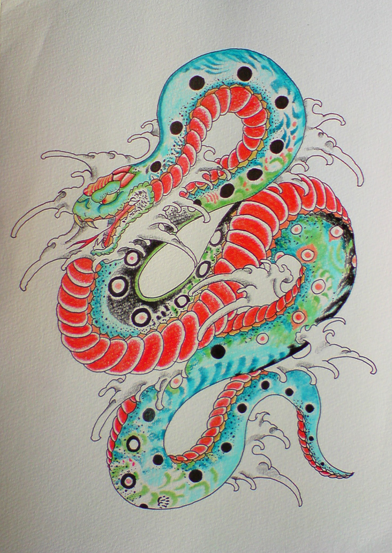 Colorful Japanese Snake Tattoo Design
