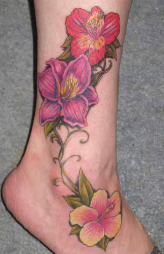 Colorful Lily Flowers Tattoo On Leg