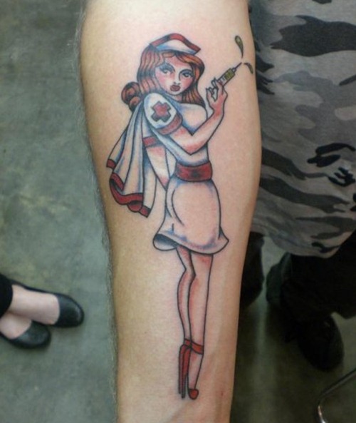 Colorful Nurse Tattoo On Forearm