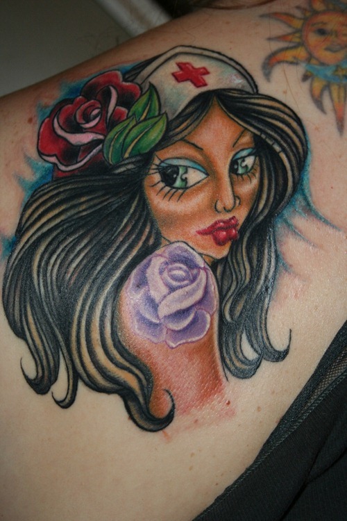 Colorful Nurse With Roses Tattoo Design