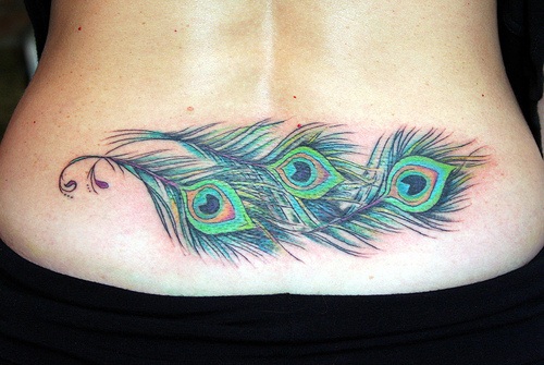 Colorful Peacock Feather Tattoo On Lower Back