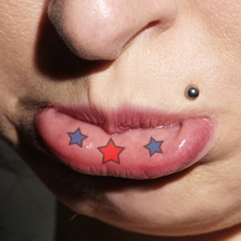 Colorful Three Star Tattoo On Girl Inner Lip