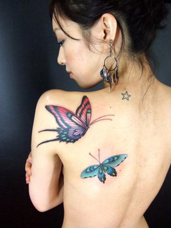 Colorful Two Butterflies Tattoo On Women Left Back Shoulder