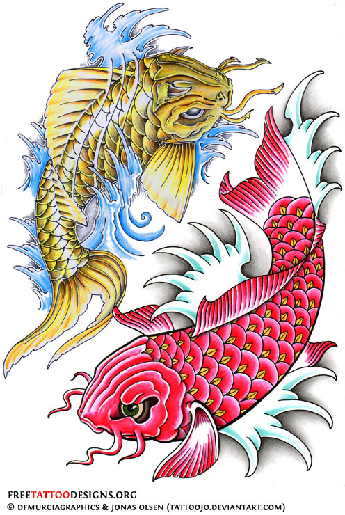 Colorful Two Koi Fishes Tattoo Design