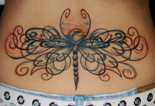Colorful Unique Dragonfly Tattoo On Girl Lower Back