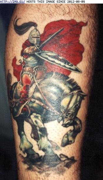 Colorful Warrior On Horse Tattoo Design For Leg