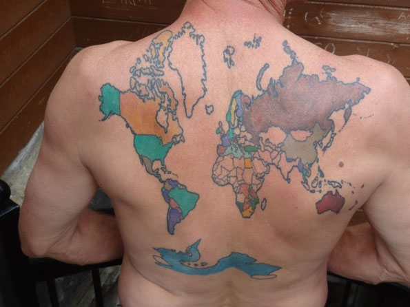 Colorful World Map Tattoo On Man Full Back